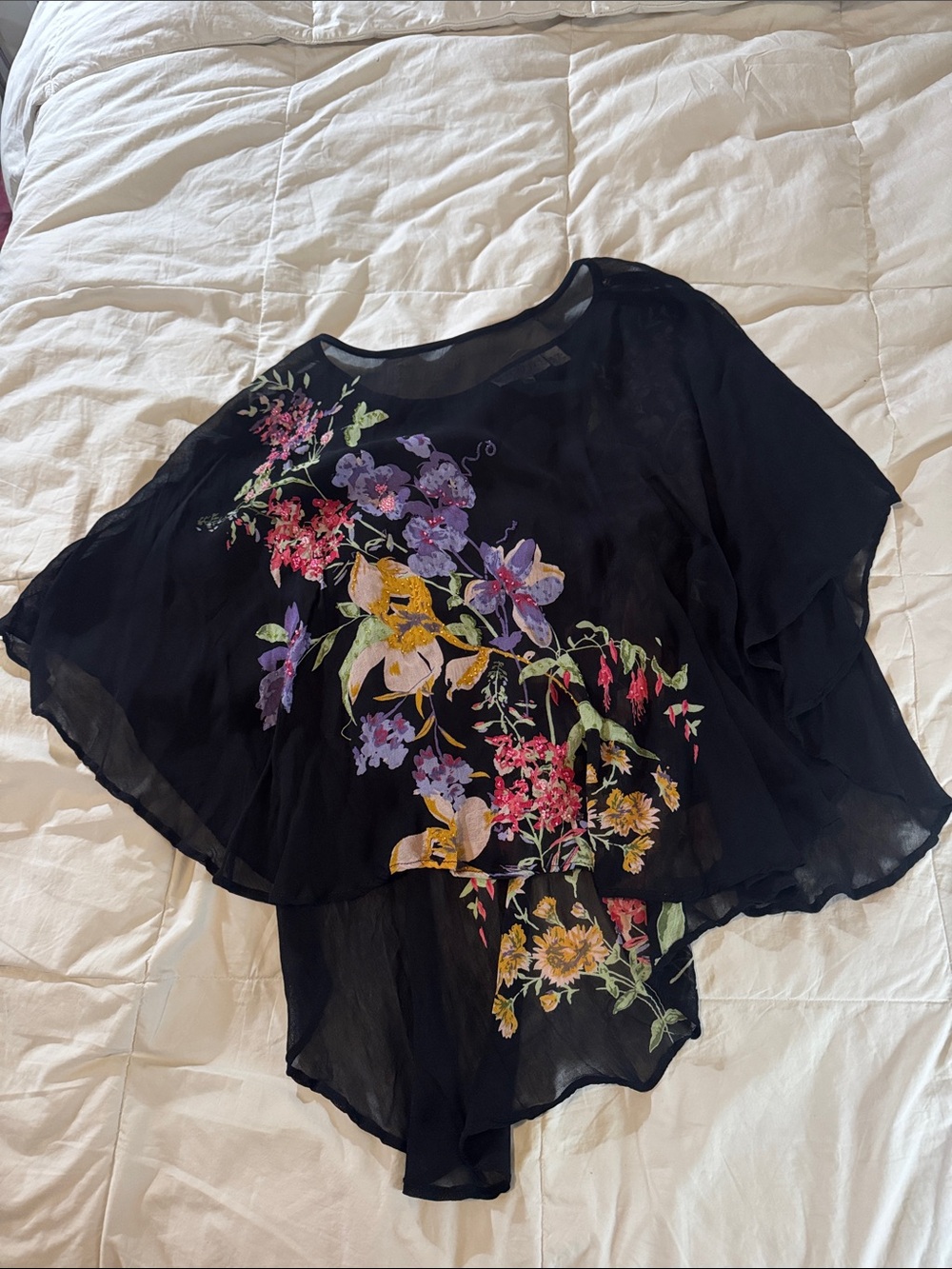 Kaktus Black Sheer Floral Overlay Tunic with Purple Pink and Yellow Accents